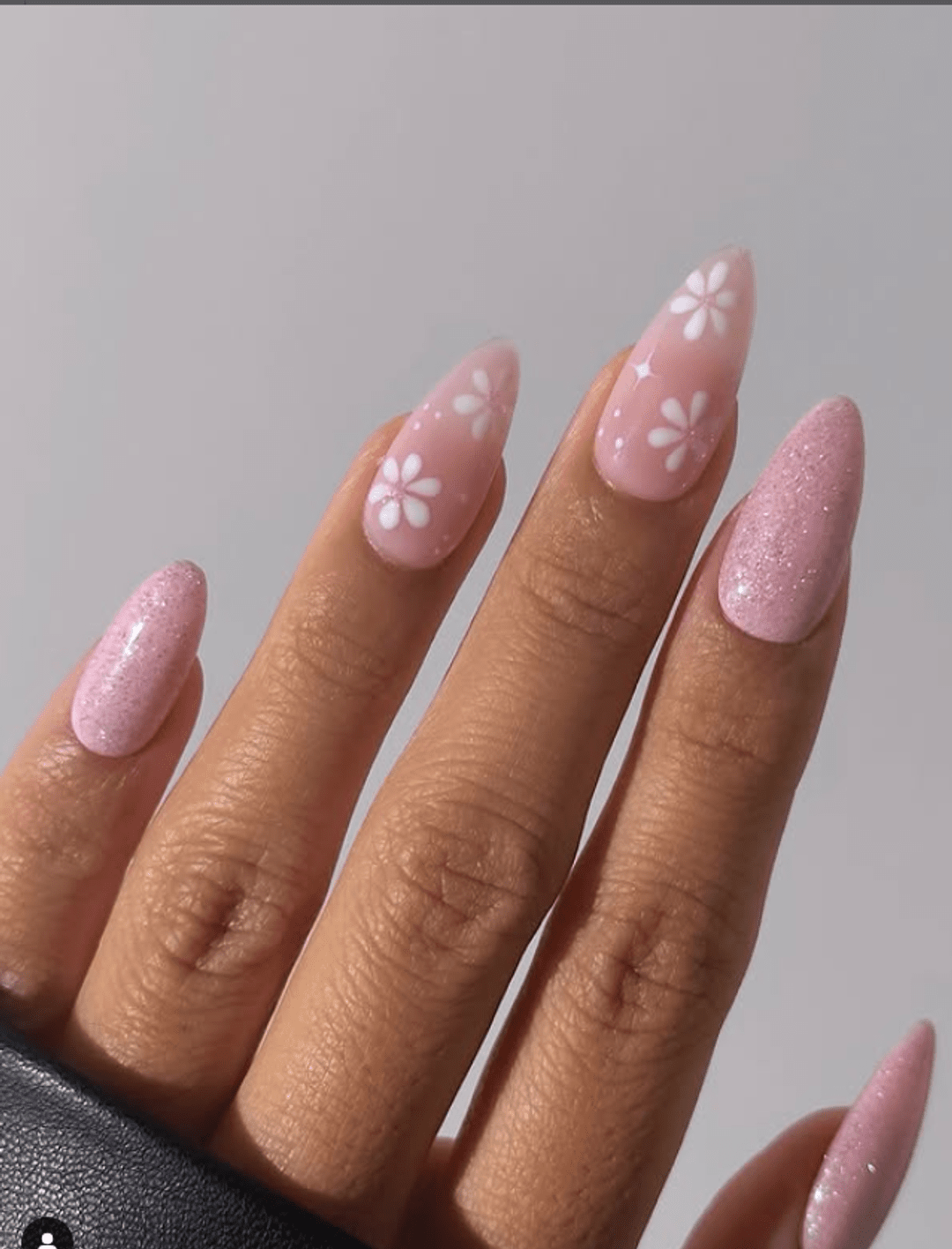 Floral Decal Glitter Stiletto Nails — Light Pink Nails