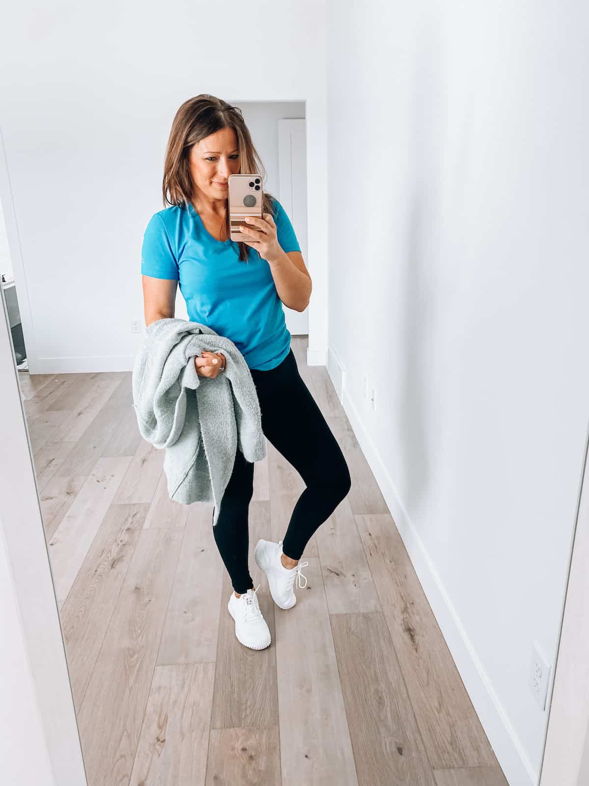 Bright Blue Tee with Grey Cardigan and Black Leggings — Soccer Mom Outfits