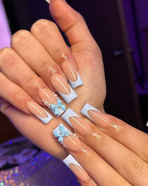 Blue French Nails with 3D Embellishments — Blue French Tip Nails
