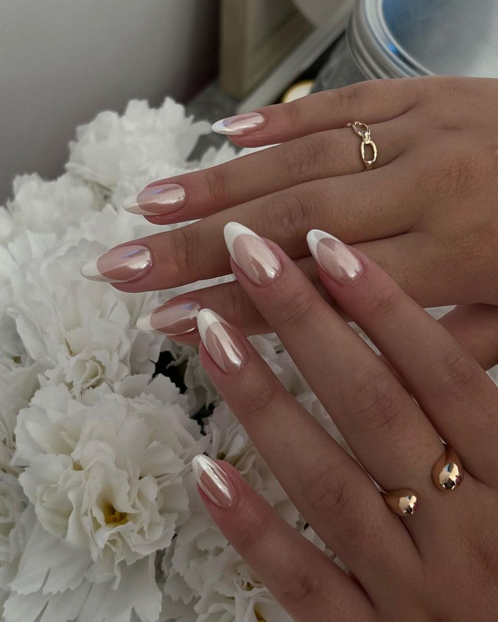 Medium Almond Chrome French Tips — Wedding Nails