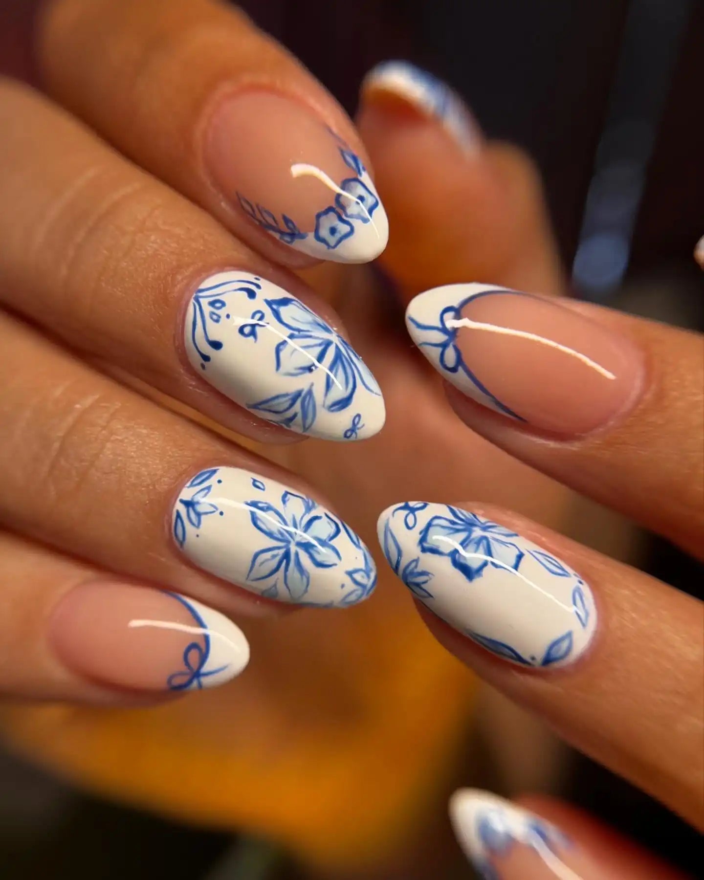 White Base with Intricate Blue Floral Art — Blue Nails