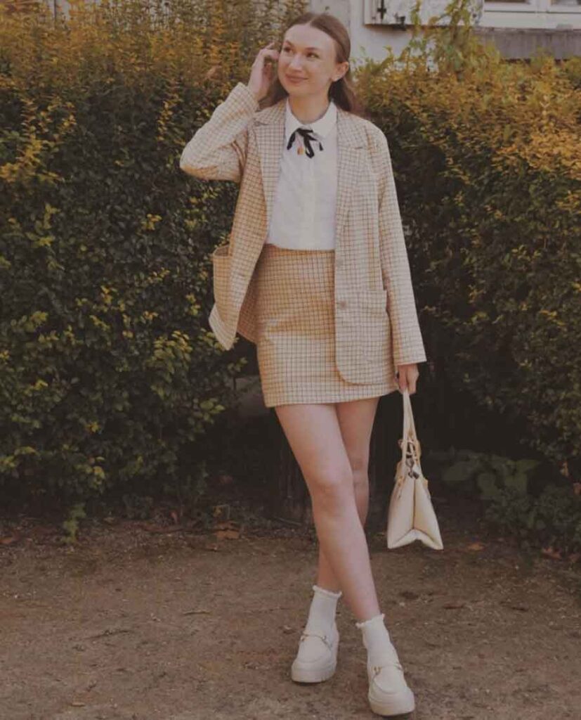 Beige Plaid Blazer and Skirt Set with Bow Tie — Light Academia Outfits