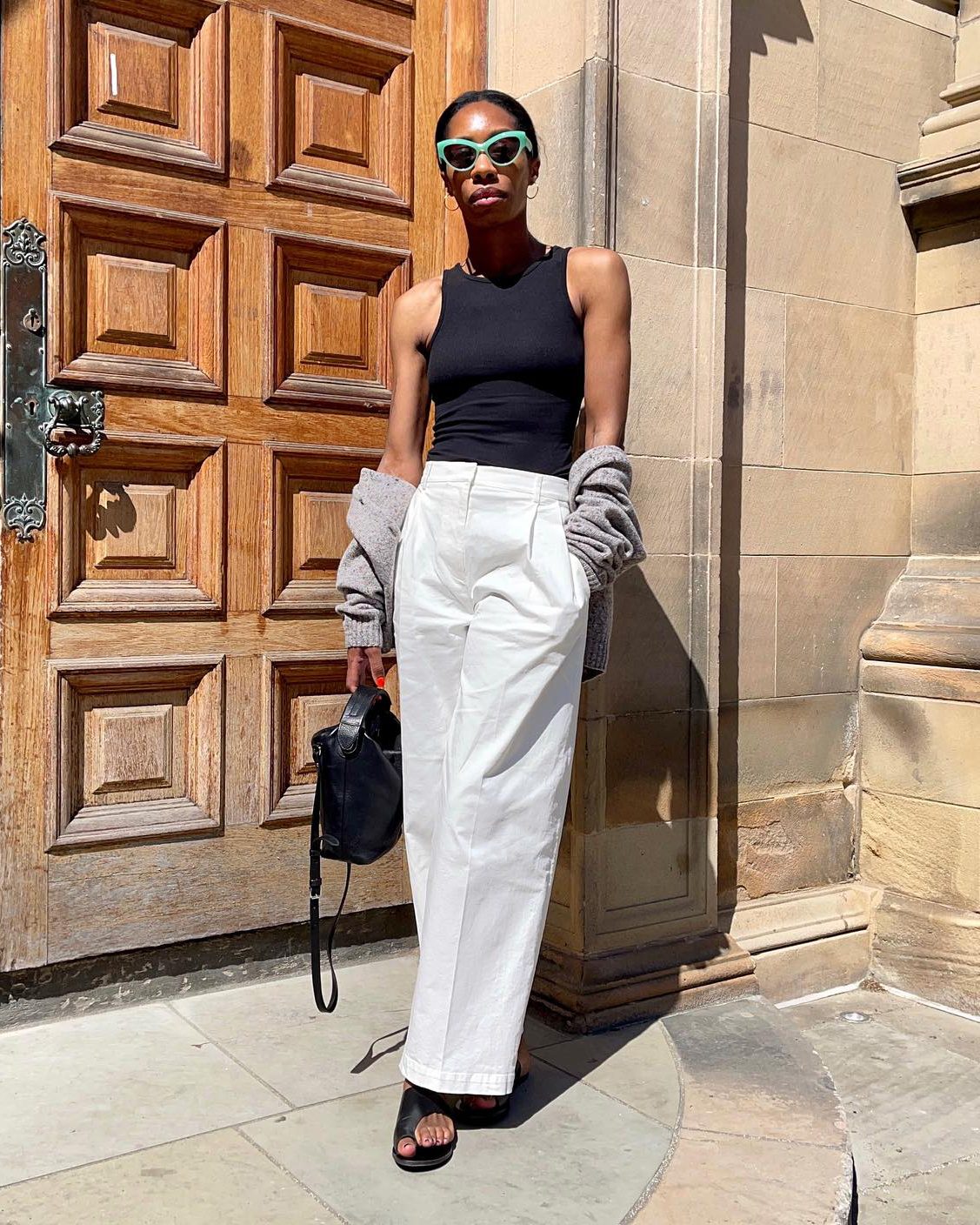 White Wide-Leg Trousers with Draped Cardigan — Comfy Outfits