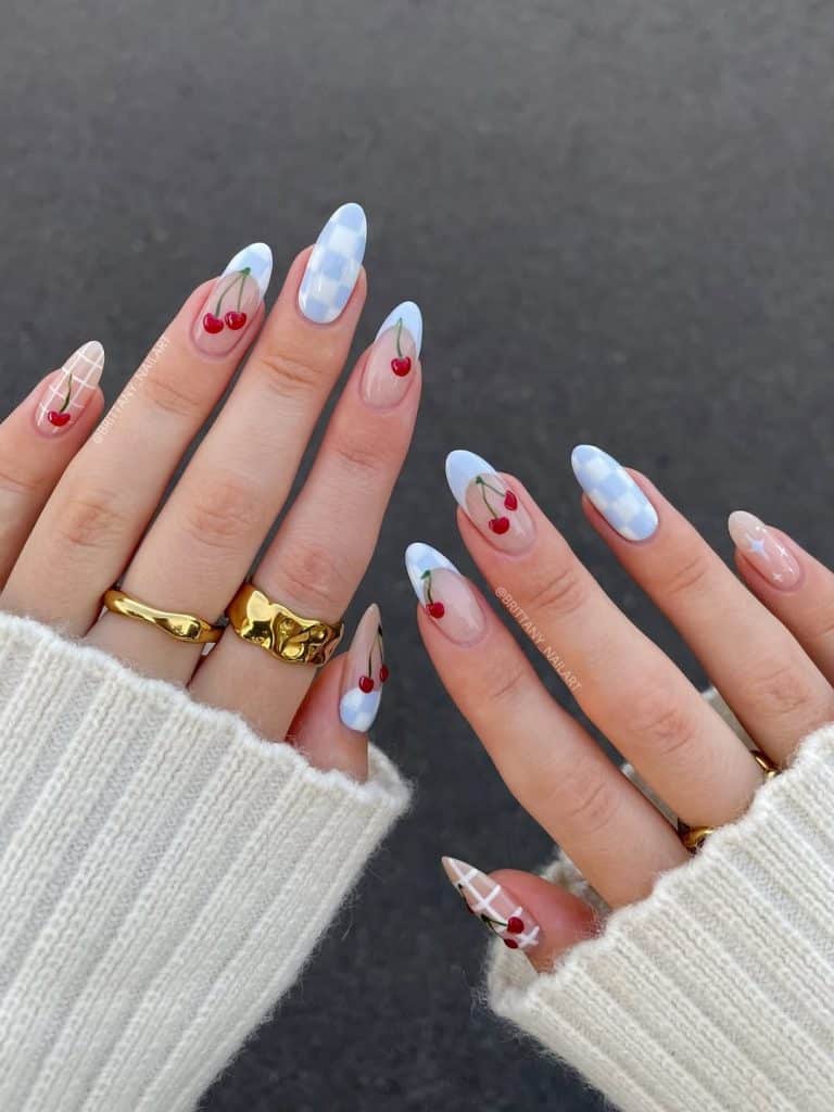 Medium Almonds Checkered Pattern And Cherries Medium Almonds Checkered Pattern And Cherries — Cherry Nails
