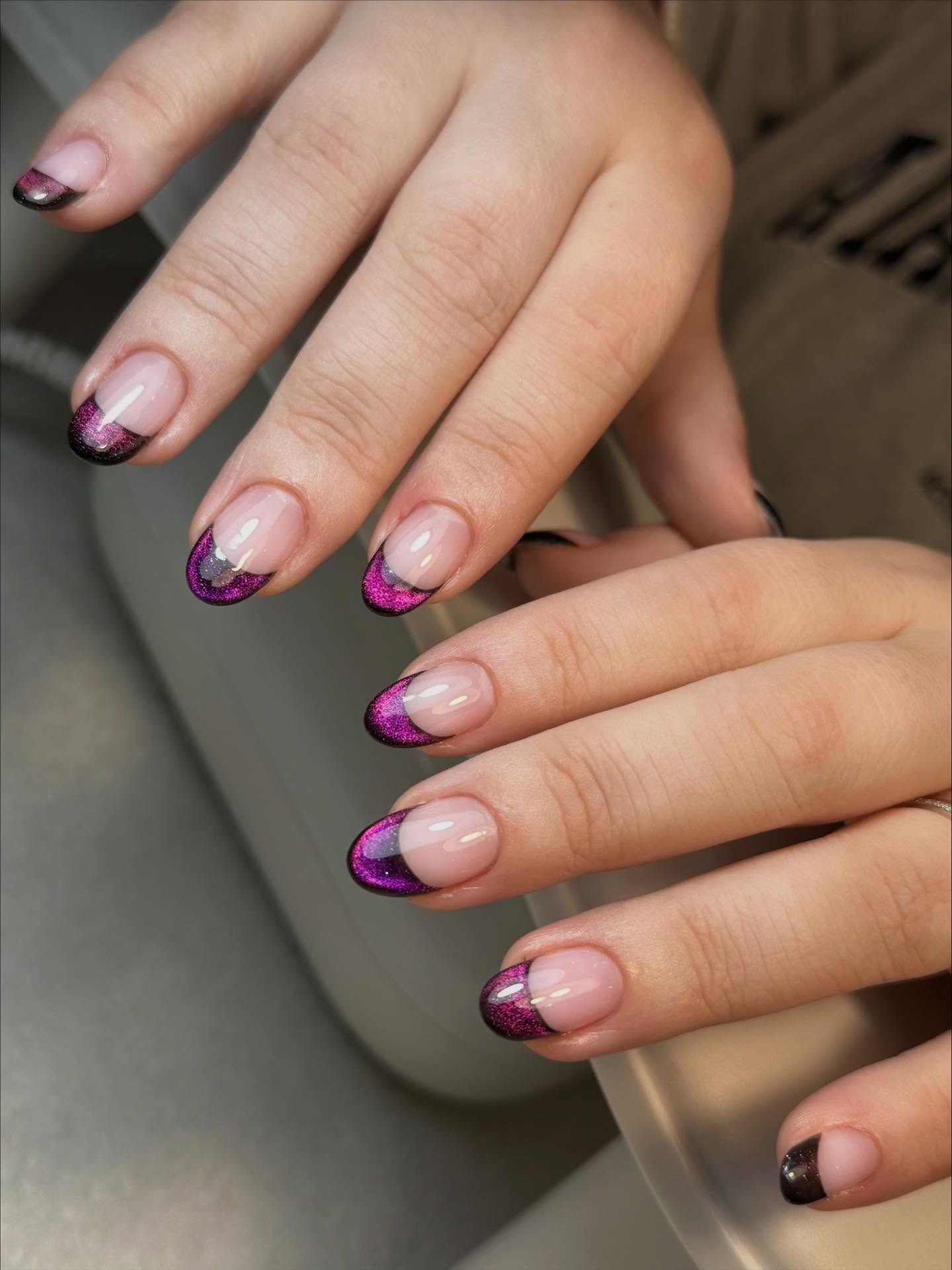 Glitter French Tips on Clear Base Glitter French Tips on Clear Base — Dark Purple Nails
