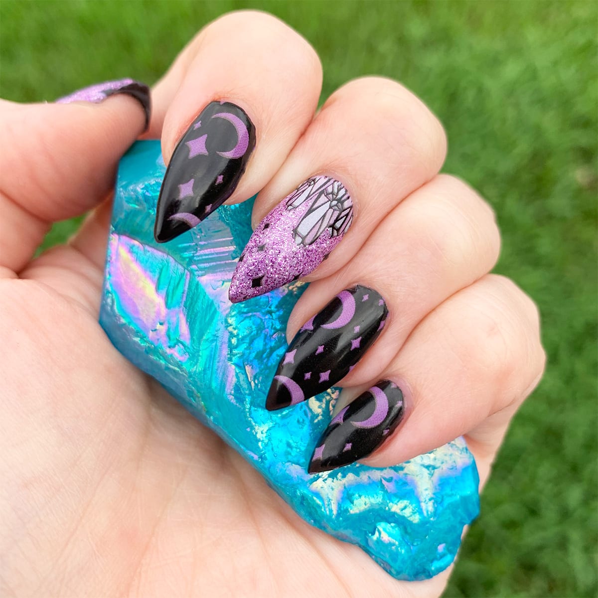 Black Purple Moon Stars With Glitter Accent Black Purple Moon Stars With Glitter Accent — Goth Nails