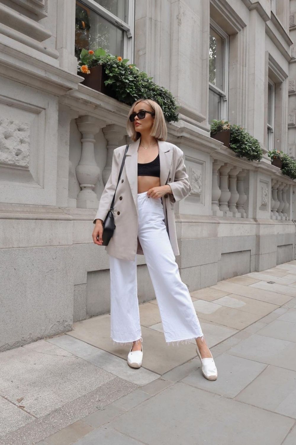 Beige Oversized Blazer with White Jeans and Black Bralette — Minimalist Outfits