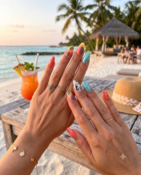 Vibrant Tropical Scene Stilettos — Vacation Nails