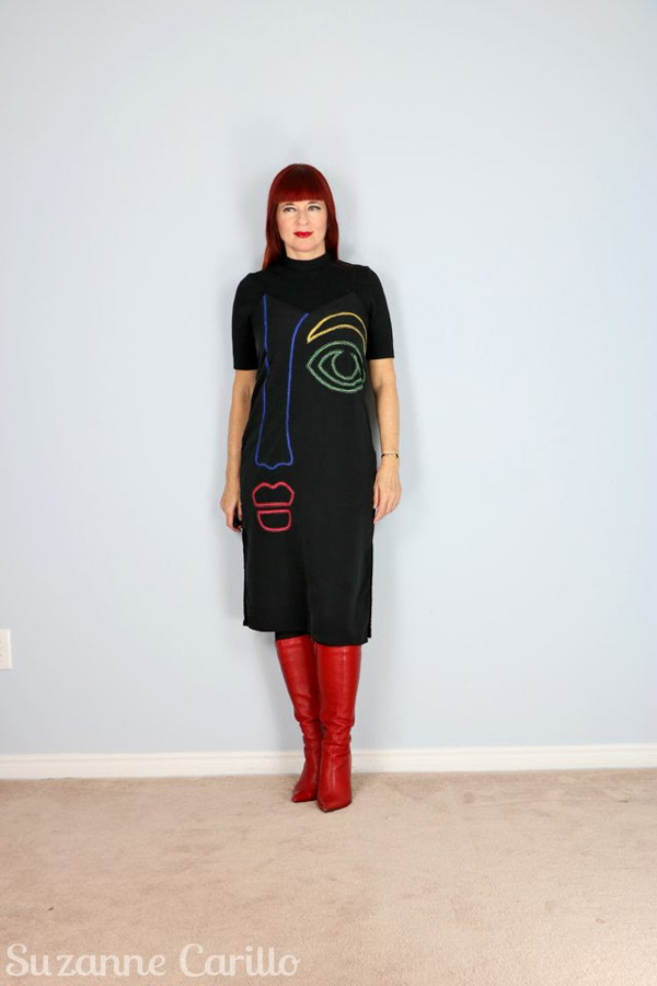 Artistic Expression: Midi Dress with Face Print and Red Boots — Vintage Outfits
