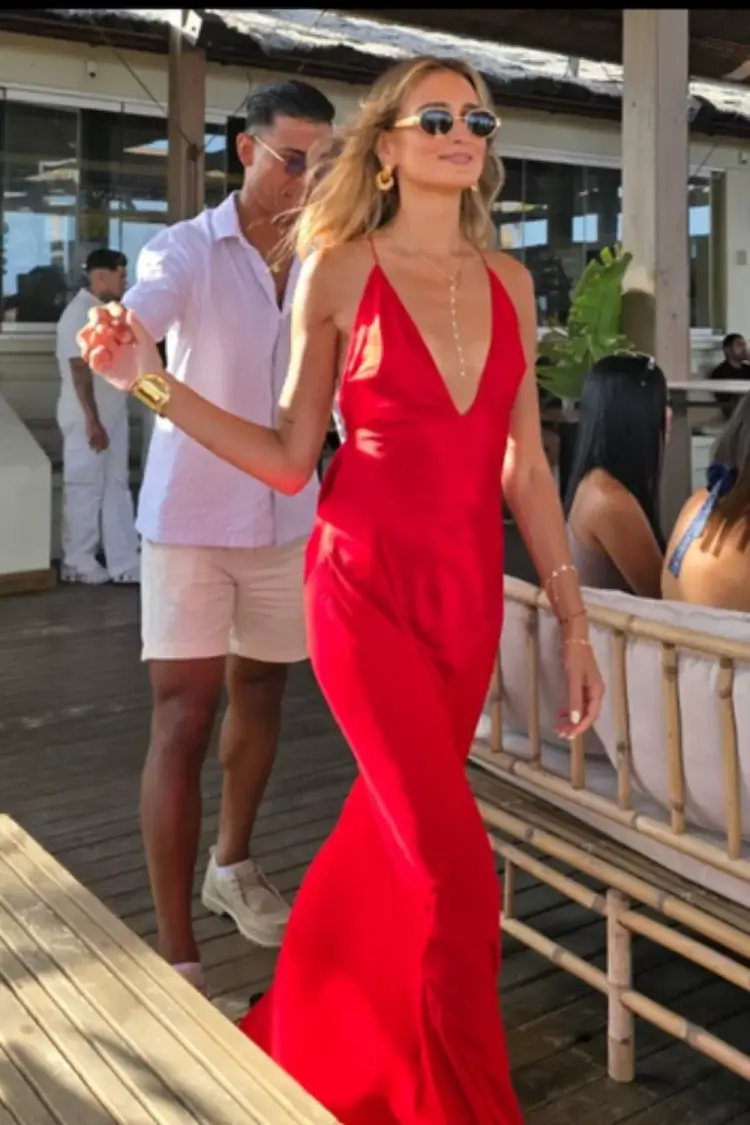 Glamorous Red Silk Slip Dress with Gold Jewelry — Date Night Outfits