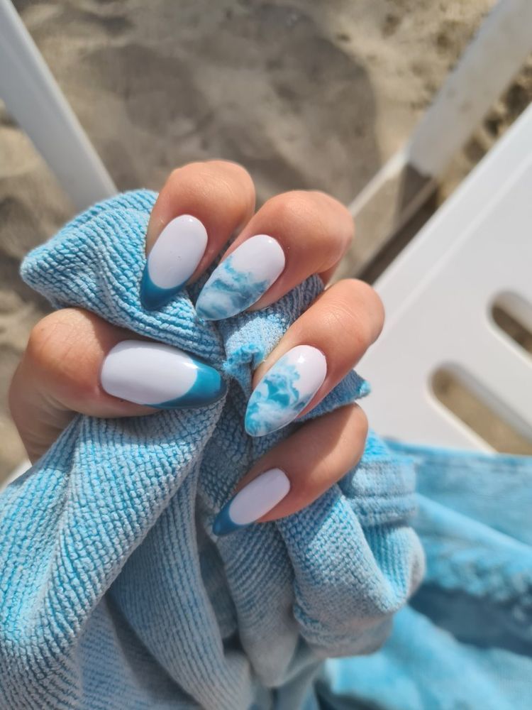 Blue Tip Marble Effect Oval Nails Blue Tip Marble Effect Oval Nails — Ocean Nails