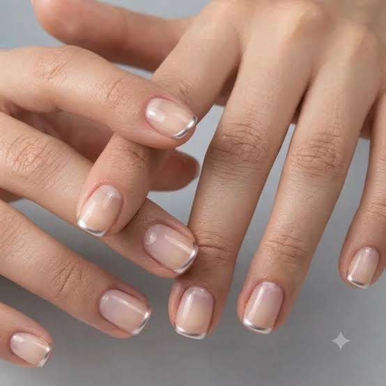 Modern Silver Line French — Short Acrylic Nails