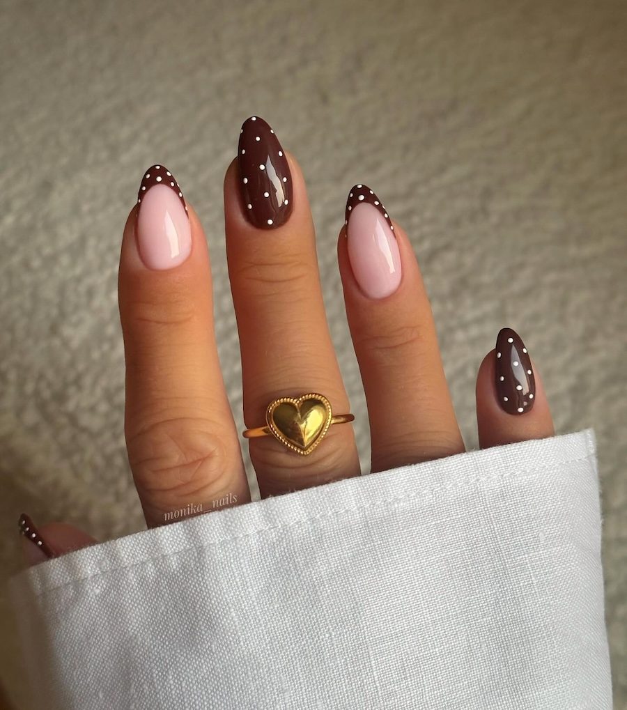 Brown French Tips with White Polka Dots — Brown French Tip Nails