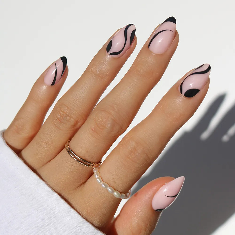 Nude Pink with Black Calligraphy Swirls Nude Pink with Black Calligraphy Swirls — Swirl Nails