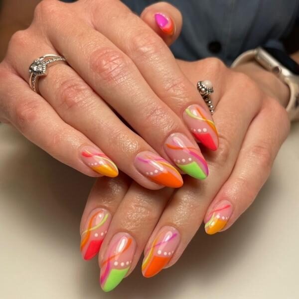 Vibrant Neon Wavy Lines Stiletto Nails Vibrant Neon Wavy Lines Stiletto Nails — Abstract Nails