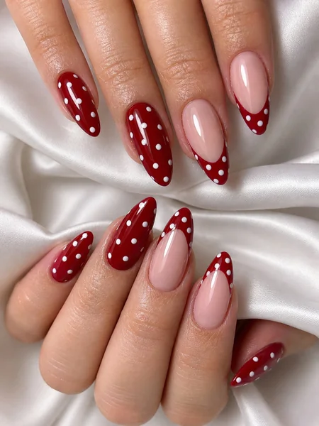 Playful Polka Dot French Manicure Almond Nails — Dark Red Nails