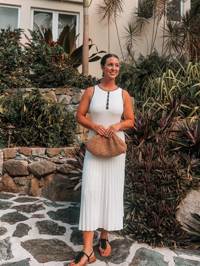 White Ribbed Knit Midi Dress with Black Trim for Elegant Dining White Ribbed Knit Midi Dress with Black Trim for Elegant Dining — Dinner Outfits