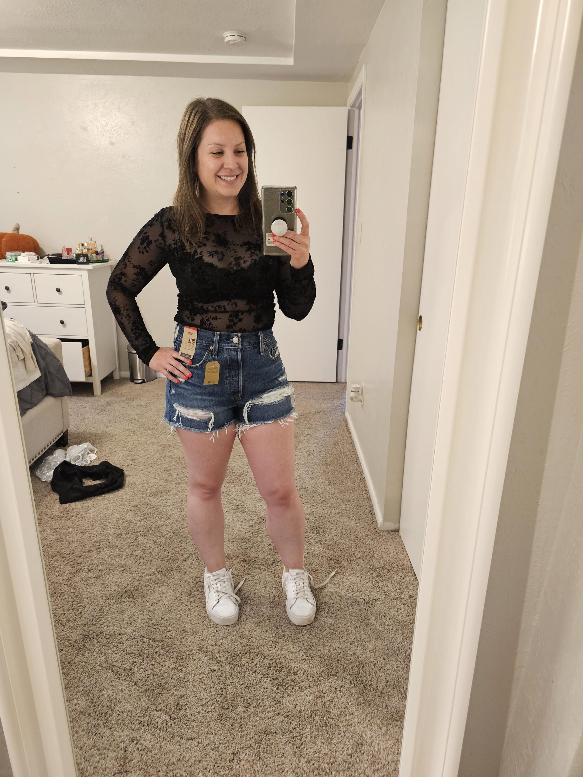 Lace Top and Ripped Denim Shorts for a Casual Concert Lace Top and Ripped Denim Shorts for a Casual Concert — Concert Outfits