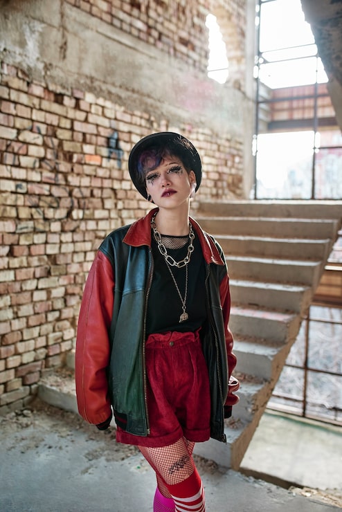 Statement Bomber: Red and Black Jacket with Fishnets and Beanie — Emo Outfits