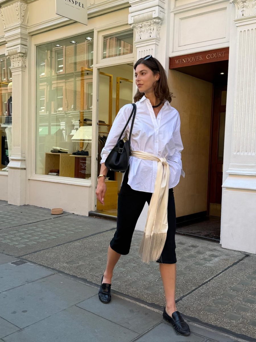 Oversized Shirt with Cropped Trousers and Satin Sash for Smart Casual Oversized Shirt with Cropped Trousers and Satin Sash for Smart Casual — London Outfits