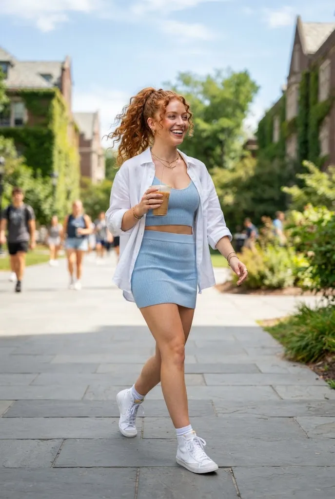 Knit Crop Top Set with an Unbuttoned Shirt for a Campus Vibe Knit Crop Top Set with an Unbuttoned Shirt for a Campus Vibe — College Outfits