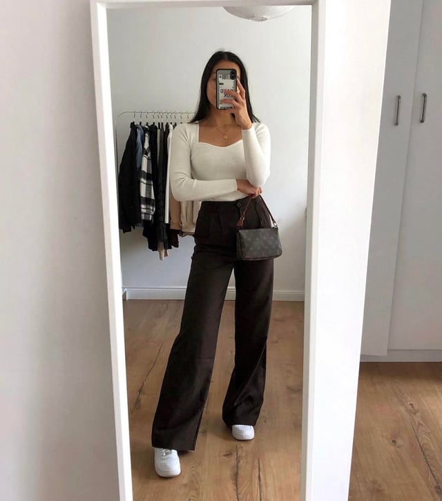 Sweetheart Neckline Top and Wide-Leg Trousers with Sneakers — Work Outfits