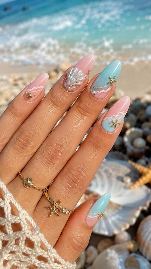 Split Pink Blue Shell Charm Almonds Split Pink Blue Shell Charm Almonds — Mermaid Nails