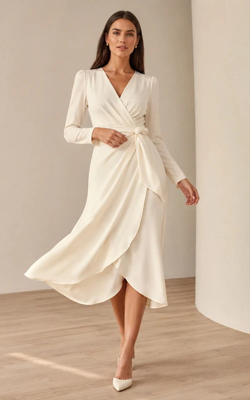 Long-Sleeved Wrap Dress Outfit Idea Long-Sleeved Wrap Dress Outfit Idea — Courthouse Wedding Outfits
