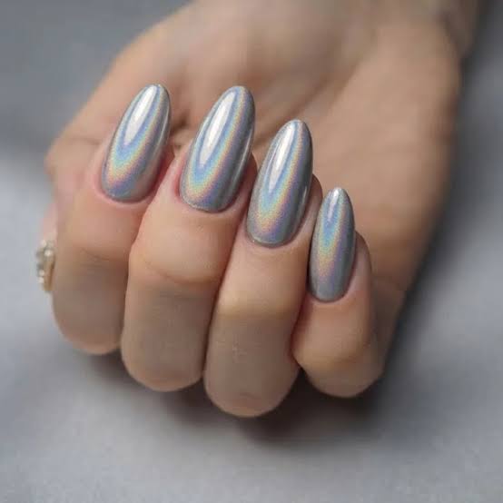 Holographic Chrome Silver Almonds Holographic Chrome Silver Almonds — Concert Nails