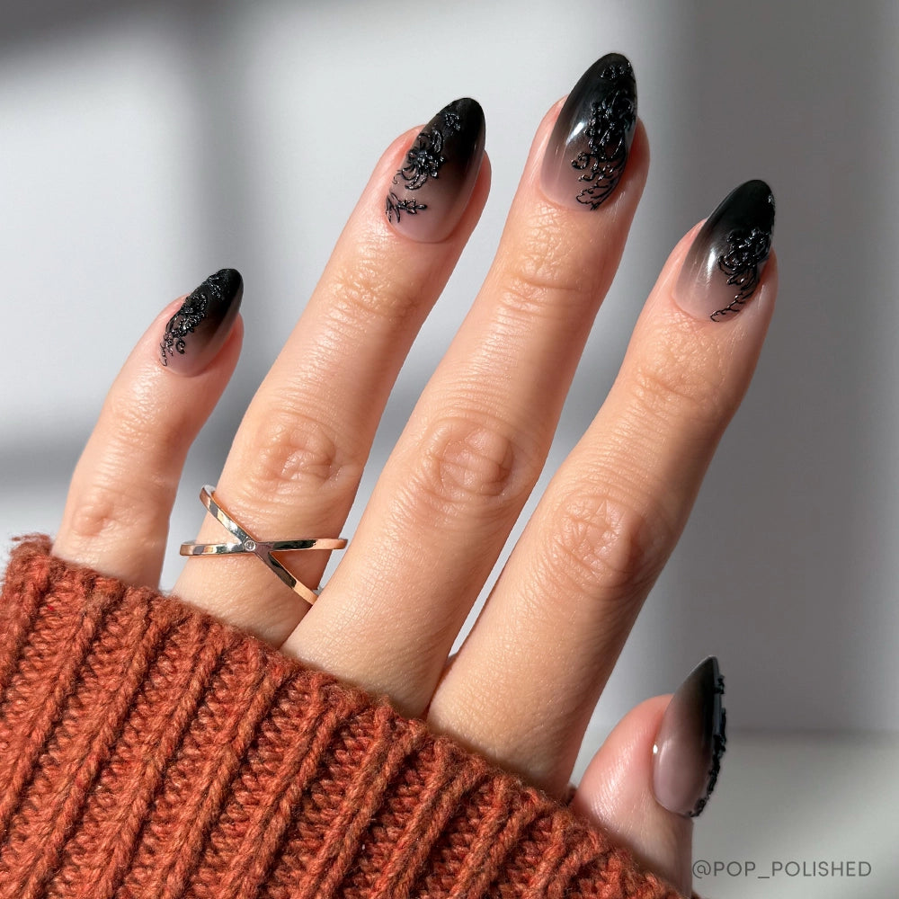 Black Lace-Like Floral Appliqu Visual Idea — Acrylic Nails