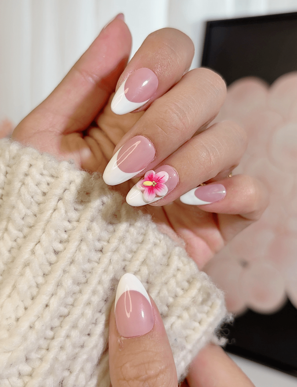 3D Flower Short Almond French Nails — Almond French Tip Nails