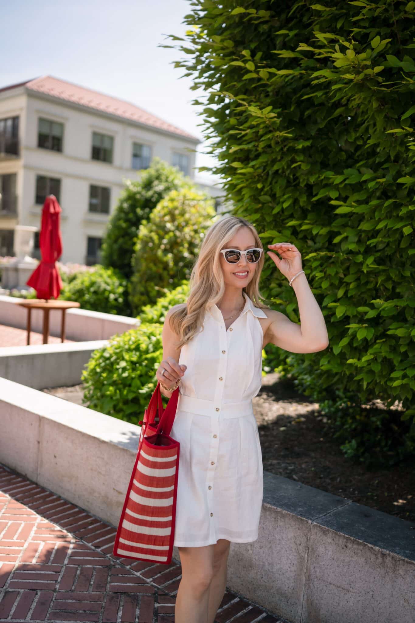 Classic Summer Daywear: White Button-Up Dress with Striped Tote Classic Summer Daywear: White Button-Up Dress with Striped Tote — Classy Outfits