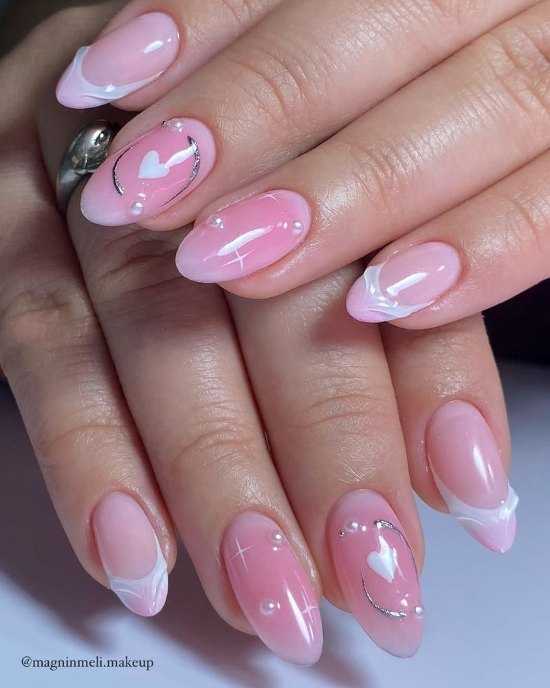Pearl and Heart Embellished French — Light Pink Nails