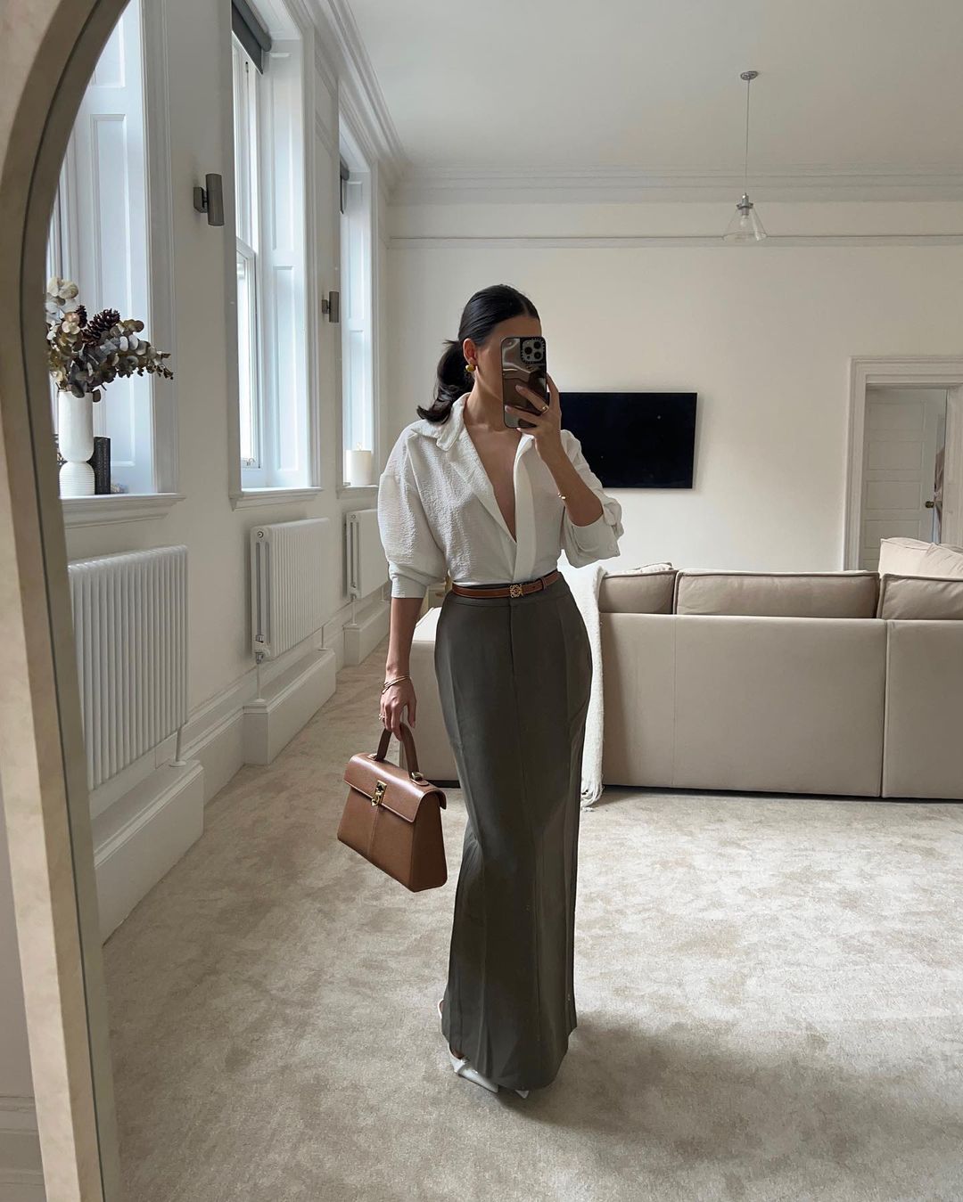 Voluminous Sleeve Blouse with Olive Maxi Skirt Voluminous Sleeve Blouse with Olive Maxi Skirt — Office Siren Outfits