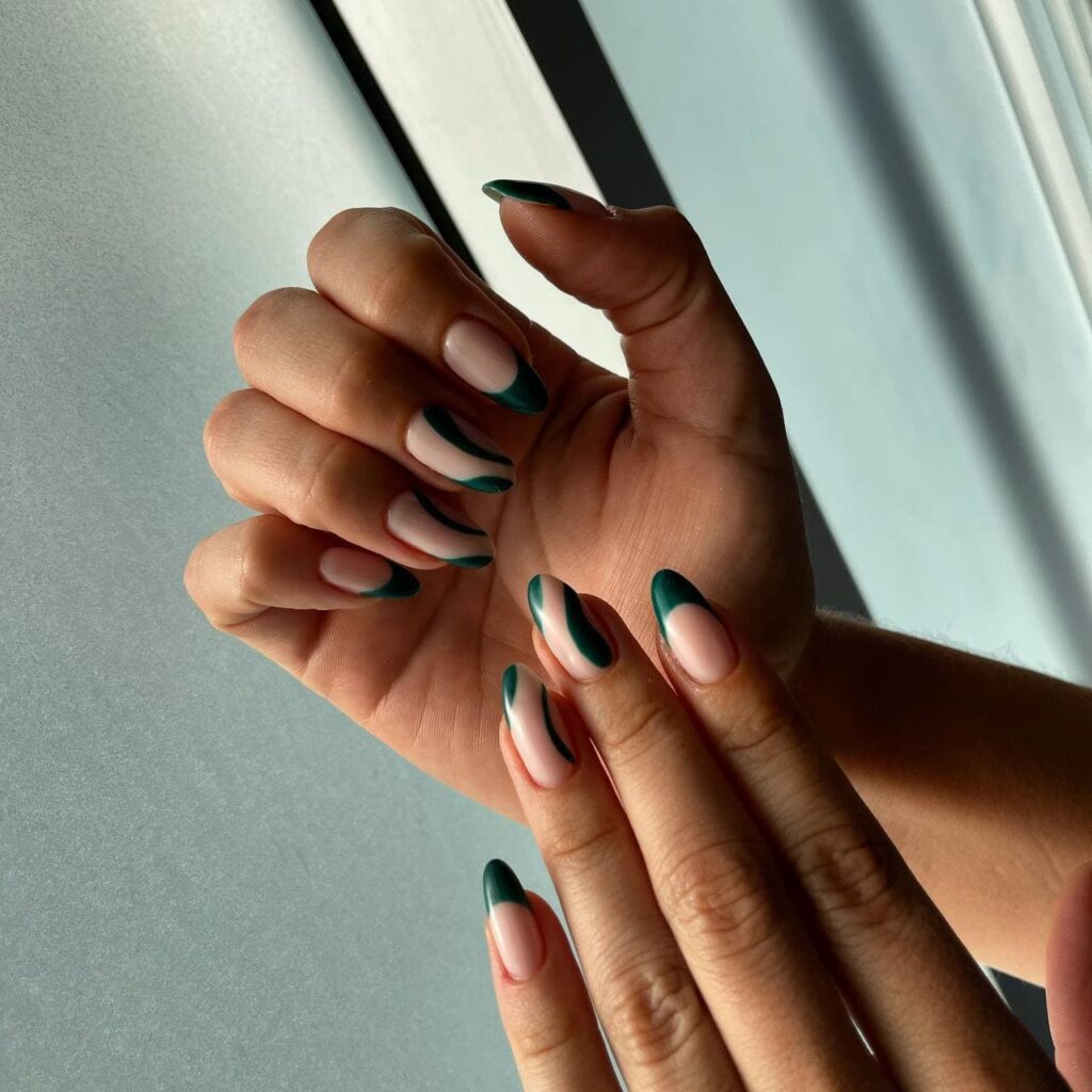 Abstract Green Line Almond Nails — Gel X Nails