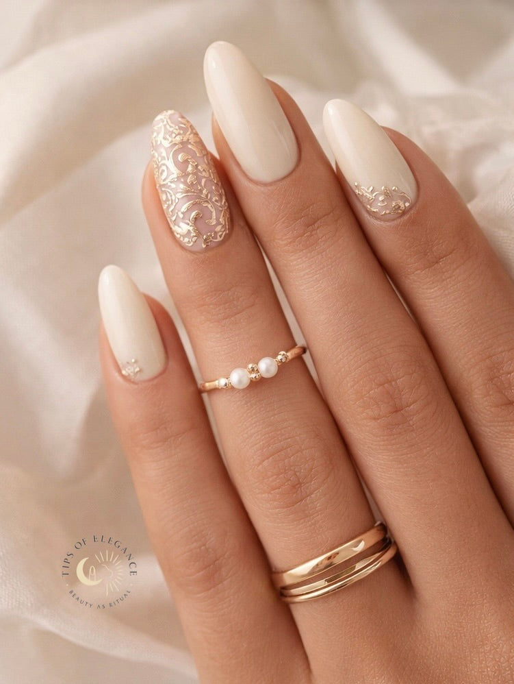 Medium Almond Off-White with Gold Filigree — Wedding Nails