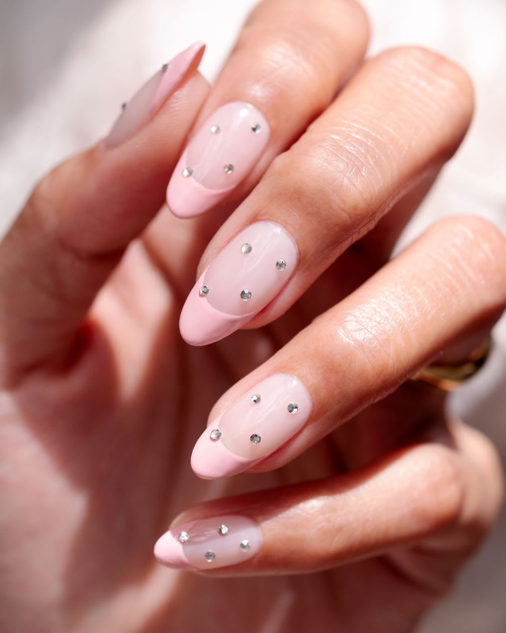 Sheer Pink Nails with Scattered Rhinestones — Prom Nails