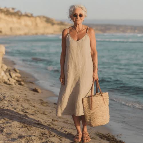 Beige Linen Slip Dress on the Beach Beige Linen Slip Dress on the Beach — Coastal Grandmother Outfits
