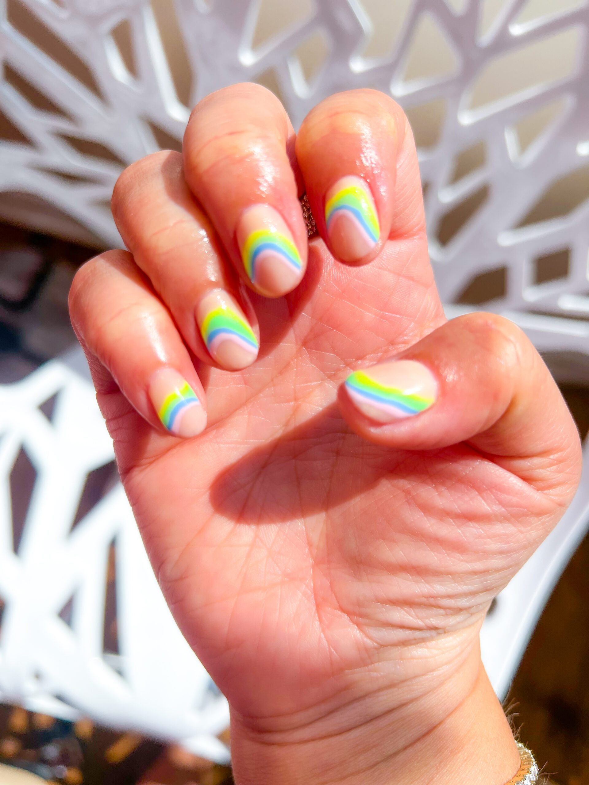 Pastel Rainbow Stripe French Almonds Pastel Rainbow Stripe French Almonds — Short Gel Nails