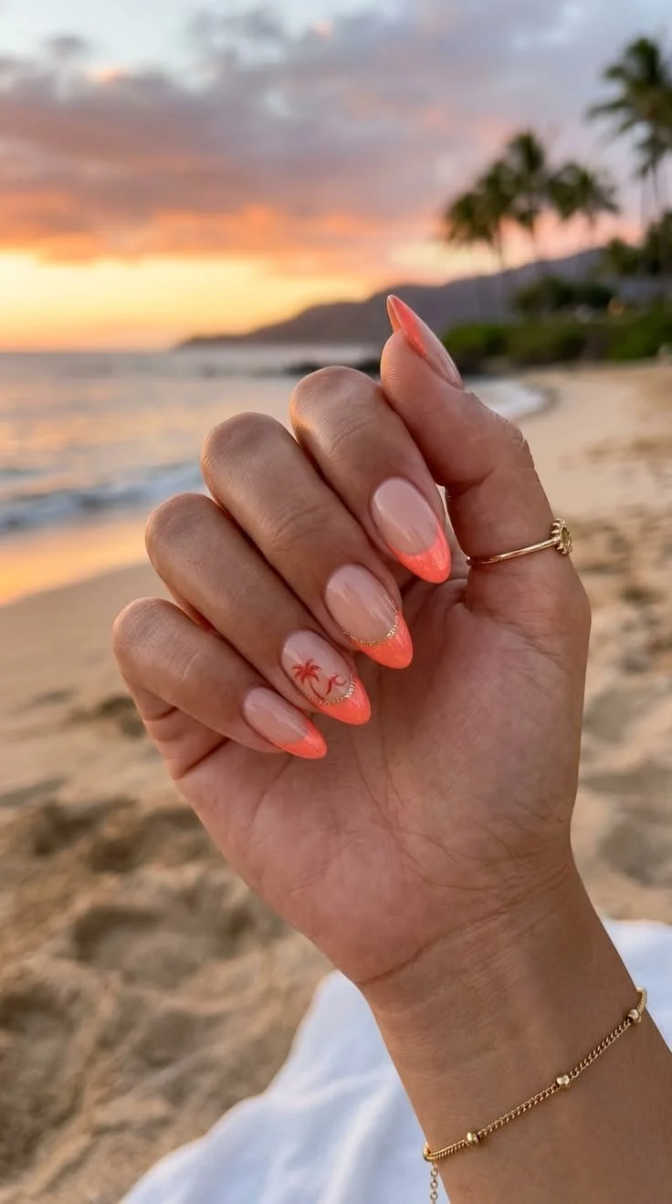 Neon Coral French with Palm Tree — Beach Nails