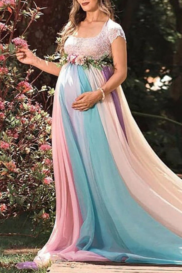 Rainbow Chiffon Maternity Gown for a Joyful Celebration Rainbow Chiffon Maternity Gown for a Joyful Celebration — Baby Shower Outfits