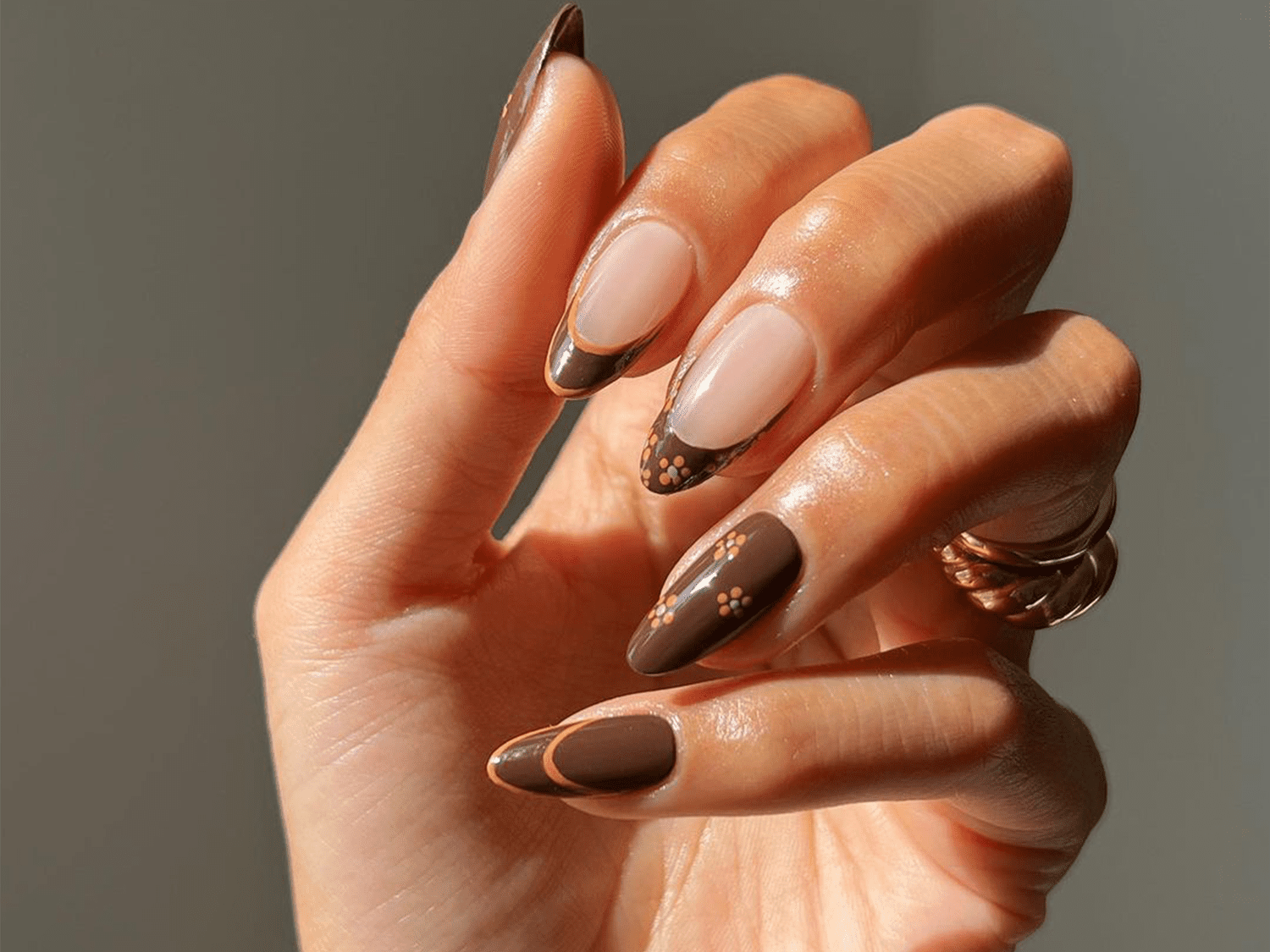 Brown Dot Detail French Almonds Brown Dot Detail French Almonds — Long Almond Nails