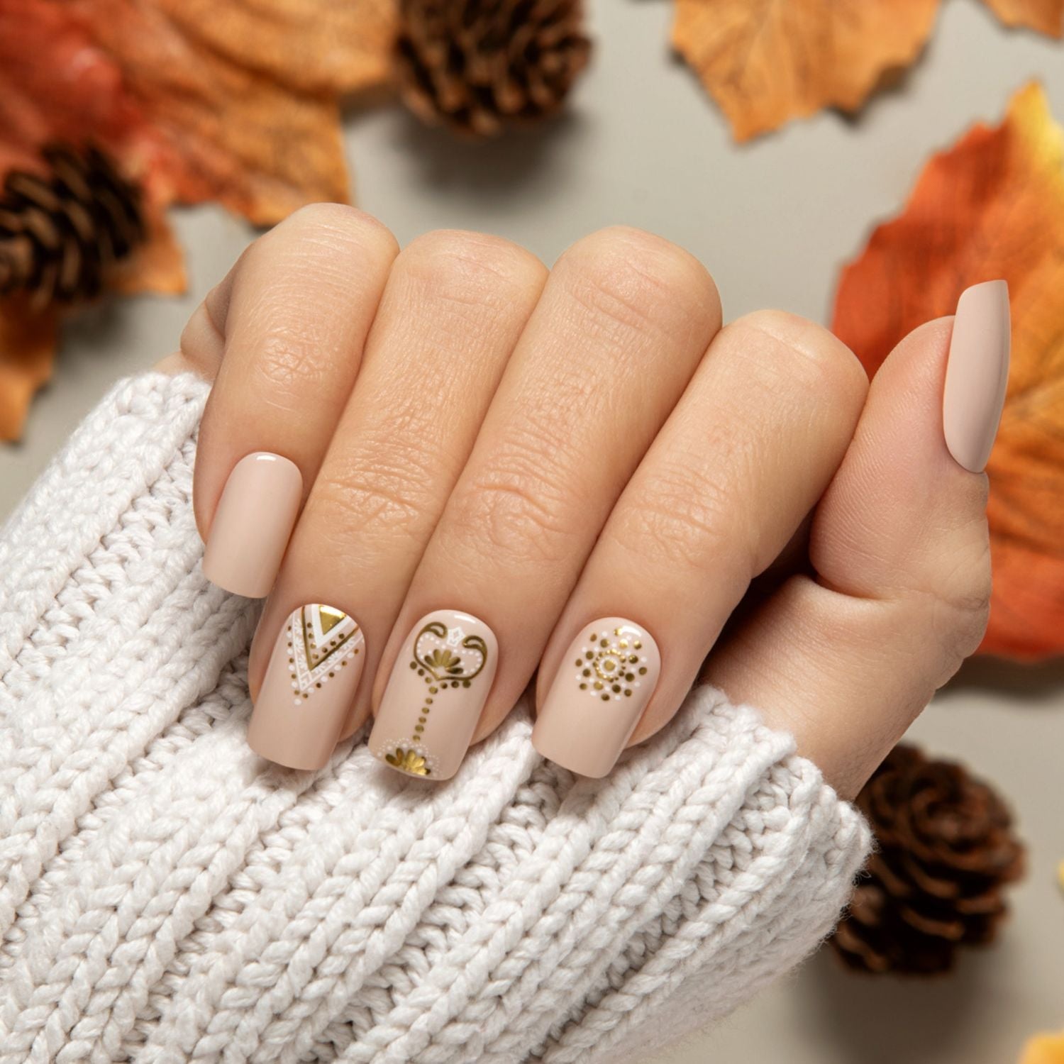 Matte Nude Squoval with Gold Decals Matte Nude Squoval with Gold Decals — Squoval Nails