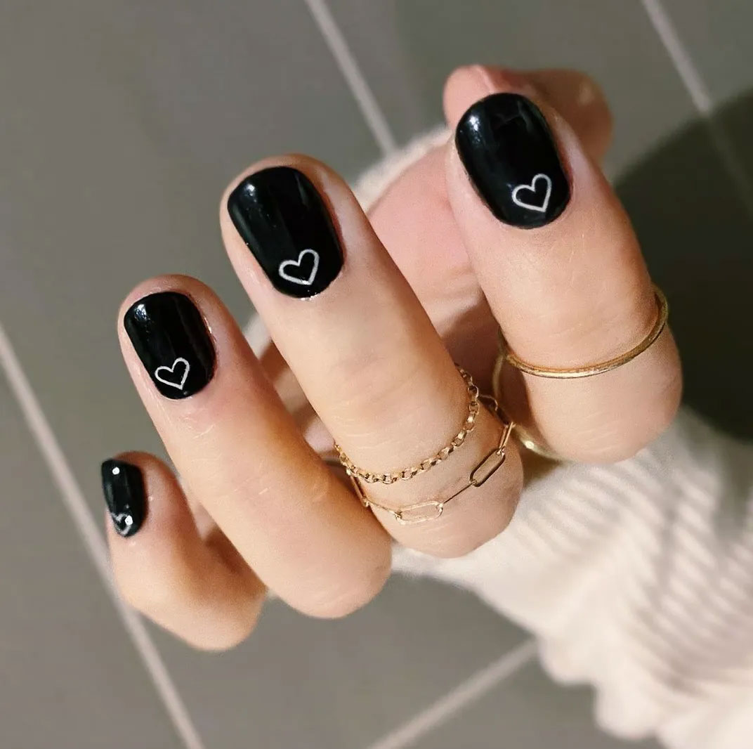 Short Square Black With White Heart Accent Short Square Black With White Heart Accent — Heart Nails