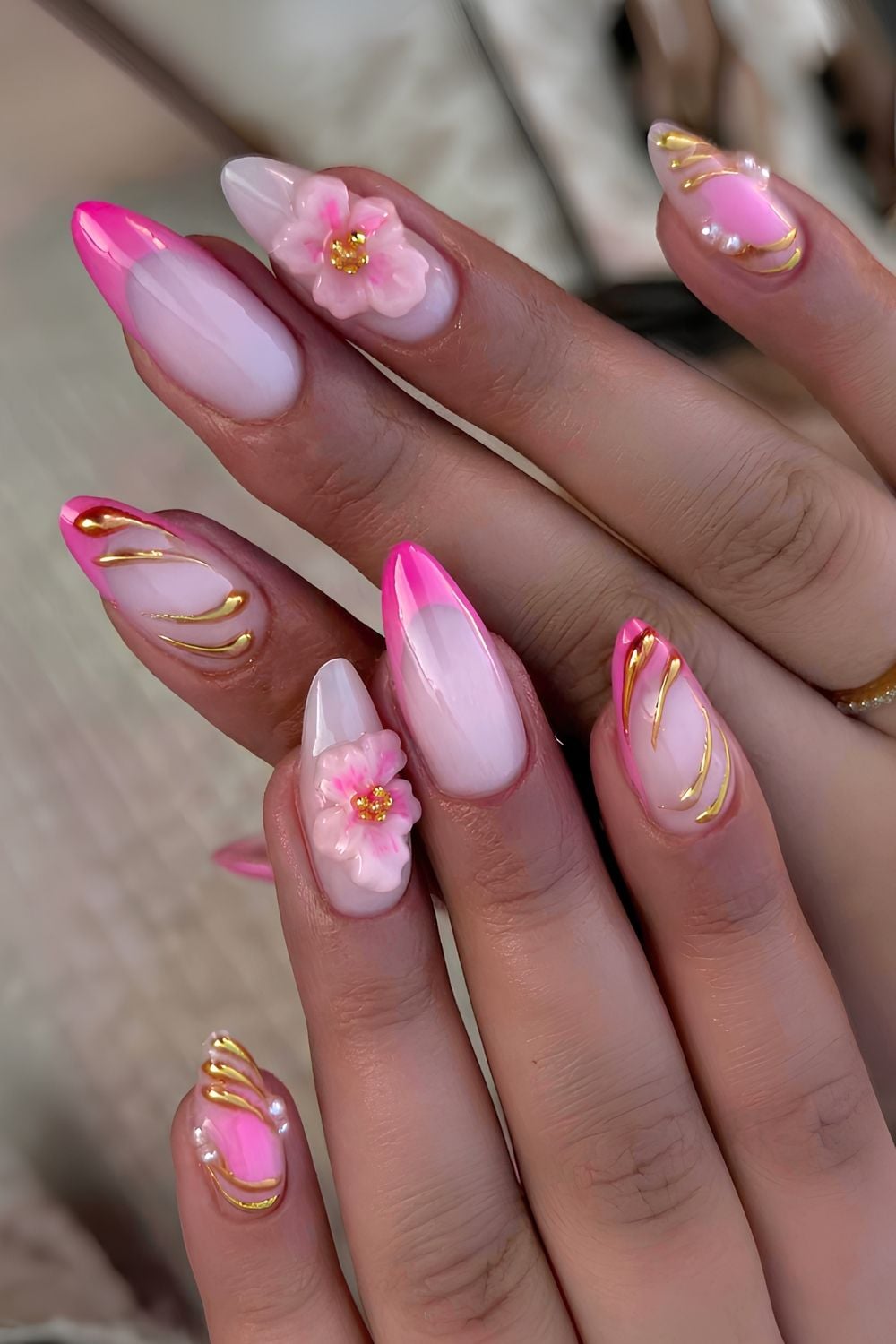 3D Floral and Chrome Long French 3D Floral and Chrome Long French — Pink French Tip Nails