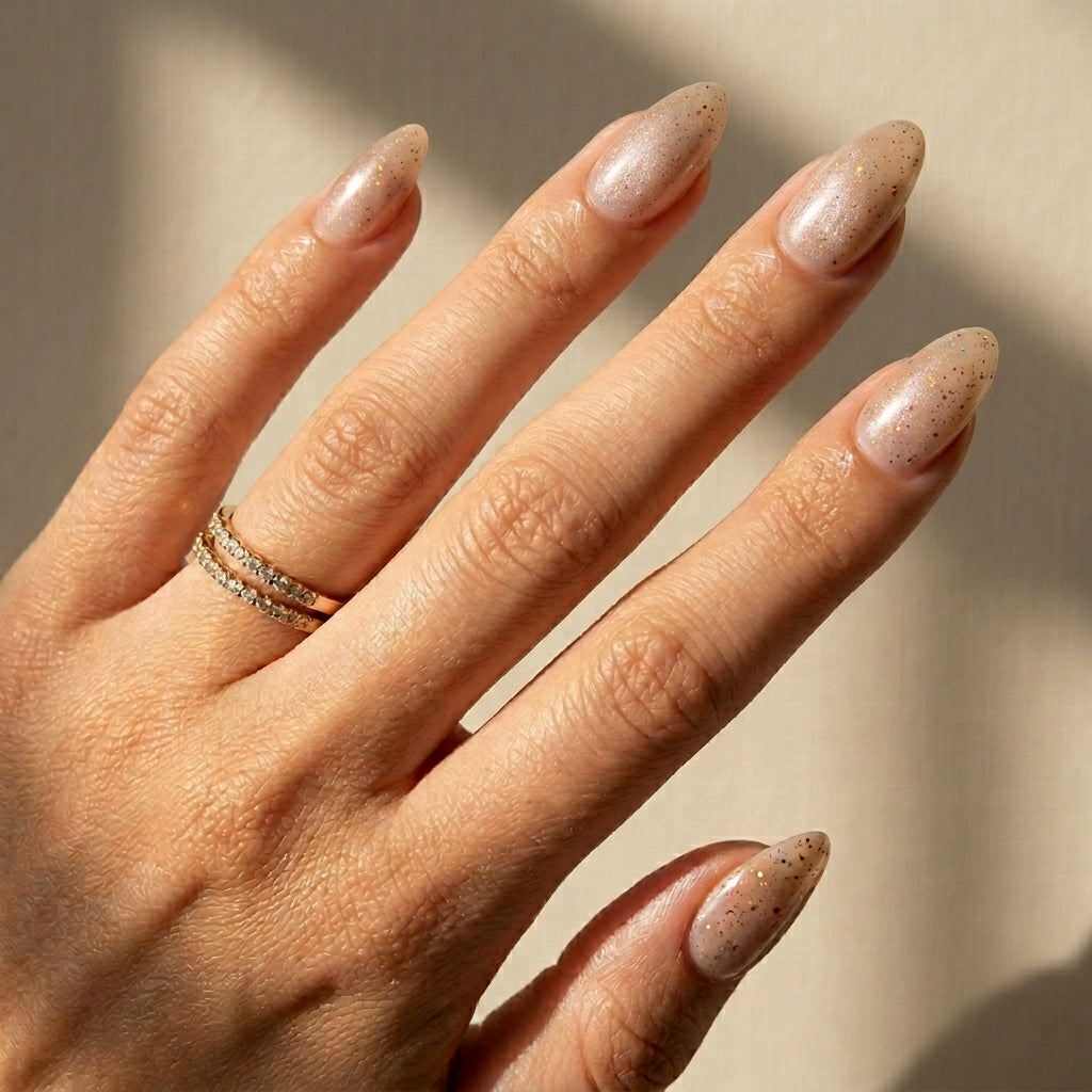 Sheer Champagne Glitter Medium Almonds — Medium Almond Nails