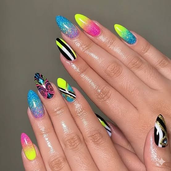 Vibrant Neon Ombre Glitter Stripe Almond Nails — Long Acrylic Nails