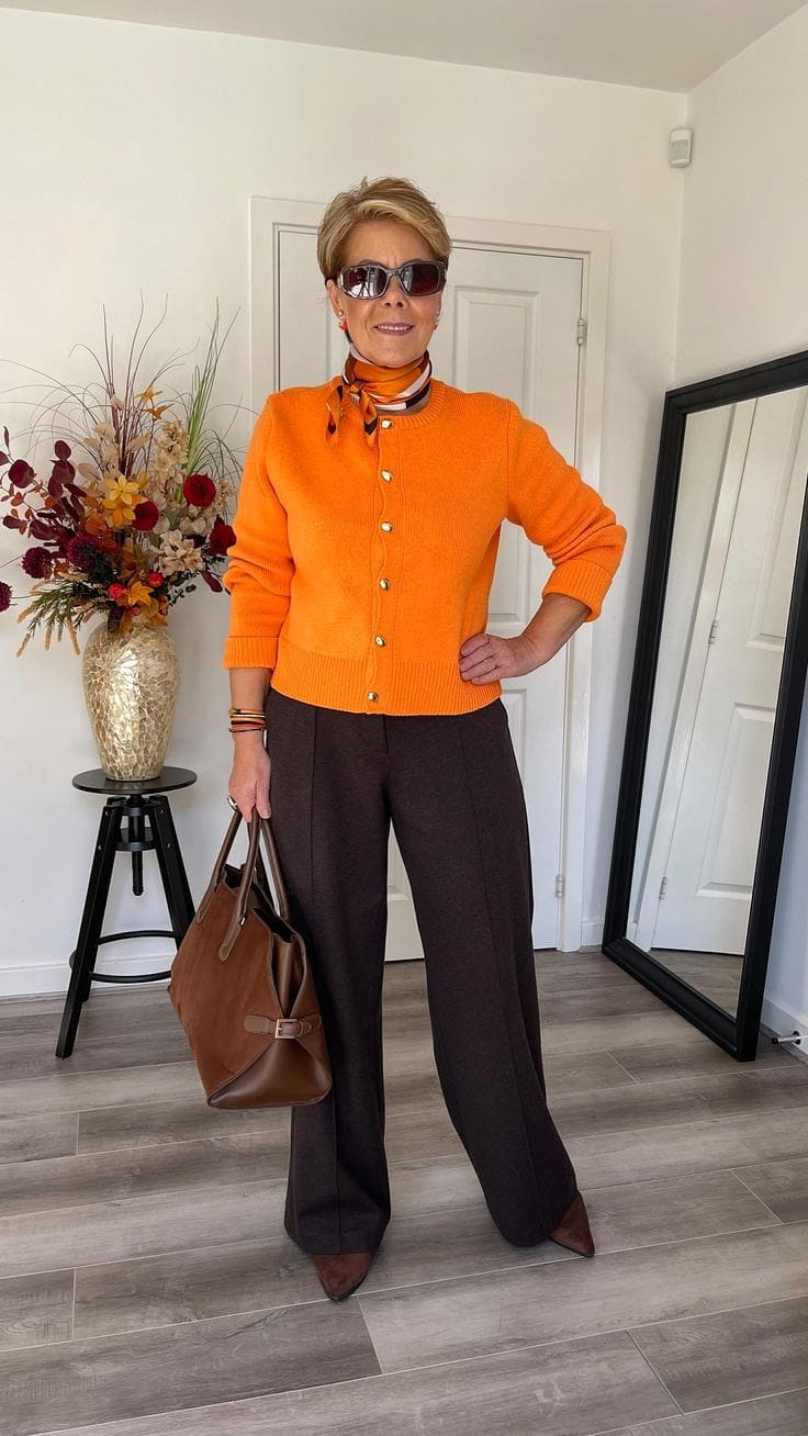 Chic Autumn Style: Vibrant Orange Cardigan with Dark Trousers Chic Autumn Style: Vibrant Orange Cardigan with Dark Trousers — Outfits for Women Over 60