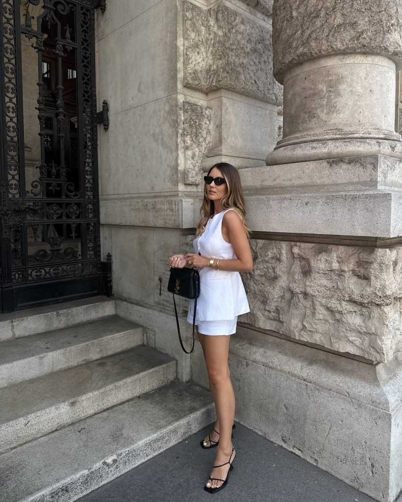 White Sleeveless Top and Mini Skirt Set with Gold Sandals — Minimalist Outfits