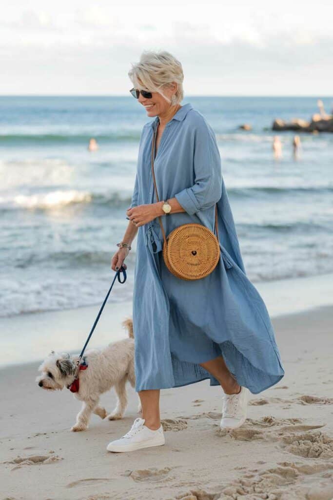 Flowing Linen Shirt Dress for a Beach Day Flowing Linen Shirt Dress for a Beach Day — Outfits for Women Over 50